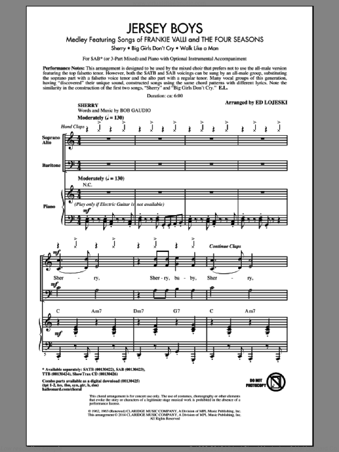 Jersey Boys Medley sheet music for choir (SAB: soprano, alto, bass) by Bob Crewe, Ed Lojeski, Frankie Valli & The Four Seasons, The Four Seasons and Bob Gaudio, intermediate skill level