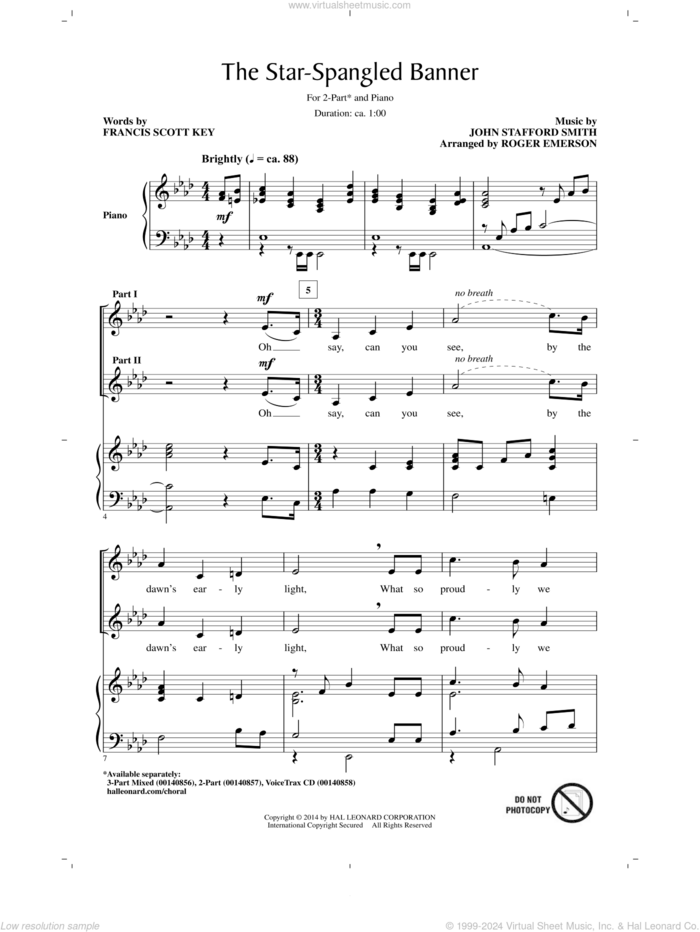 The Star Spangled Banner (arr. Roger Emerson) sheet music for choir (2-Part) by Francis Scott Key, Roger Emerson and John Stafford Smith, intermediate duet