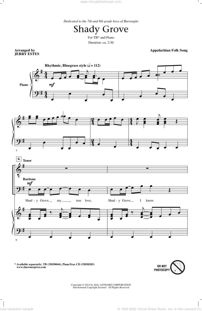 Shady Grove sheet music for choir (TB: tenor, bass) by Jerry Estes, intermediate skill level