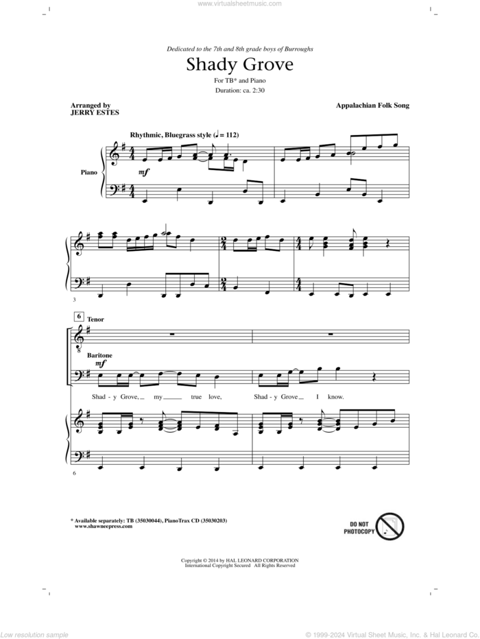 Shady Grove sheet music for choir (TB: tenor, bass) by Jerry Estes, intermediate skill level