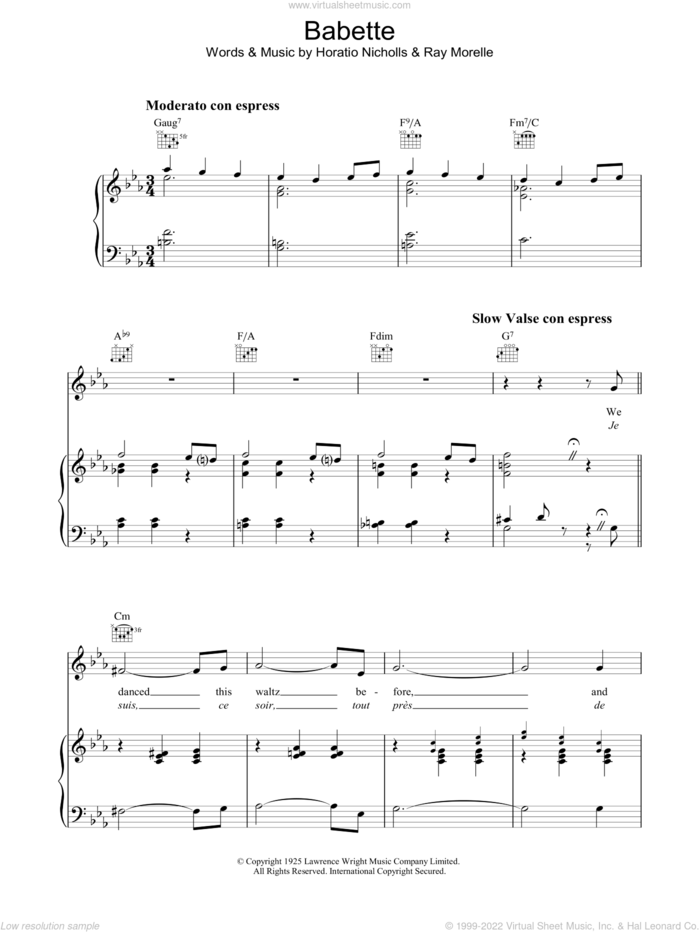 Babette sheet music for voice, piano or guitar by Ray Morelle and Horatio Nicholls, intermediate skill level