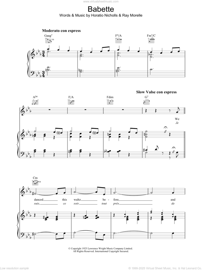 Babette sheet music for voice, piano or guitar by Ray Morelle and Horatio Nicholls, intermediate skill level