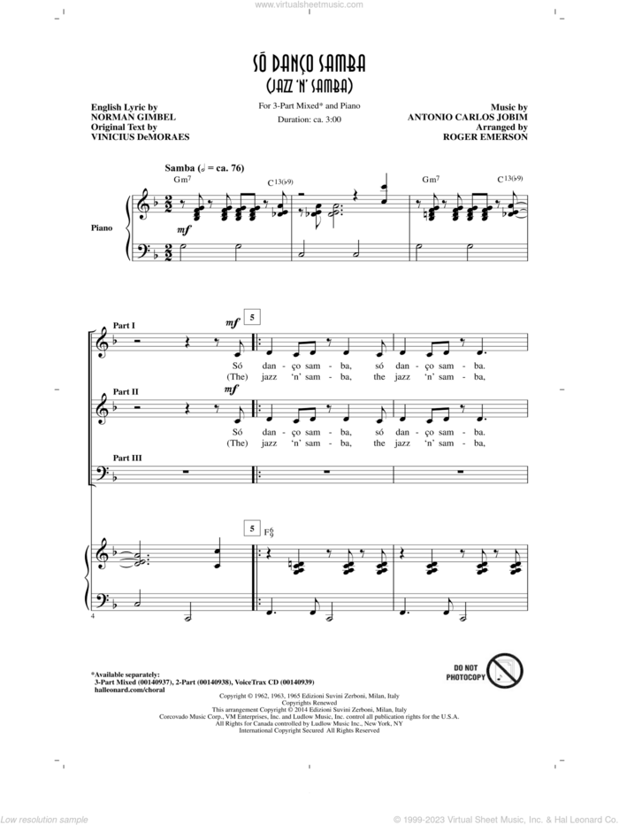 So Danco Samba (Jazz 'N' Samba) sheet music for choir (3-Part Mixed) by Norman Gimbel, Roger Emerson, Vinicius DeMoraes and Antonio Carlos Jobim, intermediate skill level