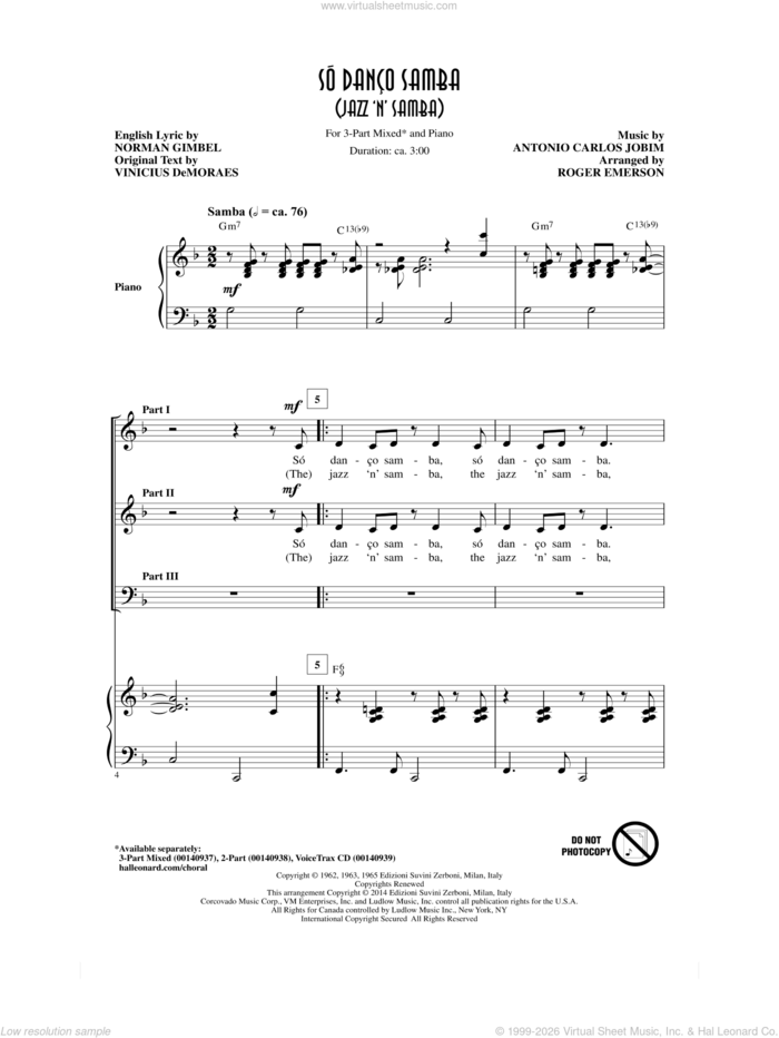 So Danco Samba (Jazz 'N' Samba) sheet music for choir (3-Part Mixed) by Norman Gimbel, Roger Emerson, Vinicius DeMoraes and Antonio Carlos Jobim, intermediate skill level