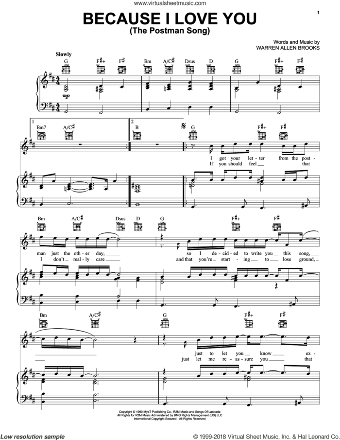 Because I Love You (The Postman Song) sheet music for voice, piano or guitar by Stevie B and Warren Allen Brooks, intermediate skill level