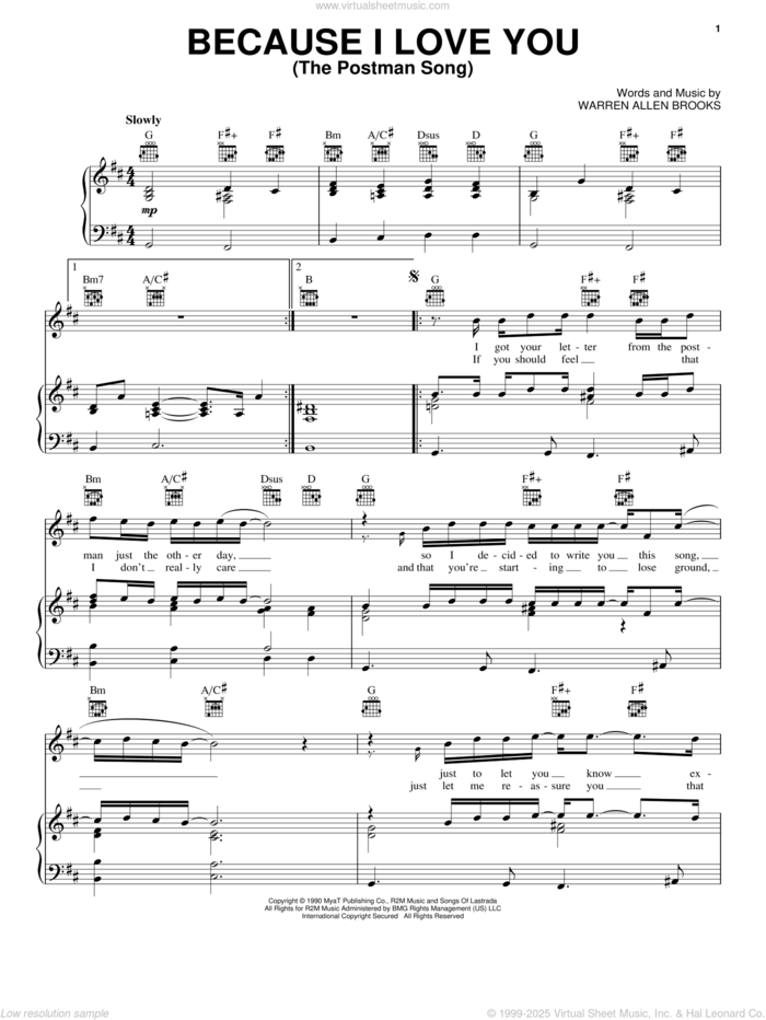 Because I Love You (The Postman Song) sheet music for voice, piano or guitar by Stevie B and Warren Allen Brooks, intermediate skill level