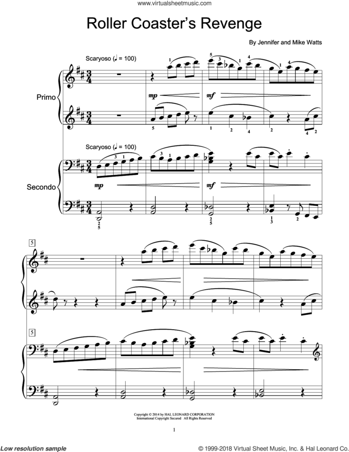Roller Coaster's Revenge sheet music for piano four hands by Jennifer Watts and Mike Watts, intermediate skill level
