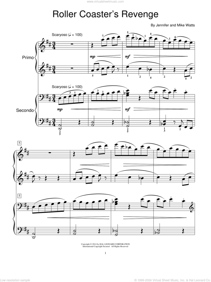 Roller Coaster's Revenge sheet music for piano four hands by Jennifer Watts and Mike Watts, intermediate skill level