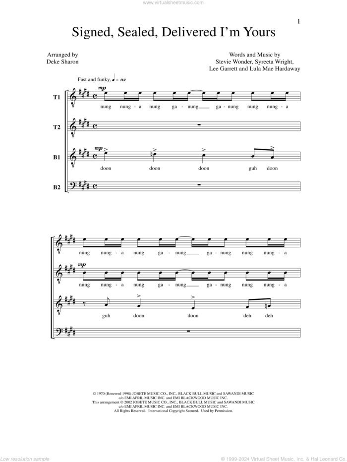 Signed, Sealed, Delivered I'm Yours sheet music for choir (TTBB: tenor, bass) by Deke Sharon, Anne Raugh, Lee Garrett, Lula Mae Hardaway, Stevie Wonder and Syreeta Wright, intermediate skill level