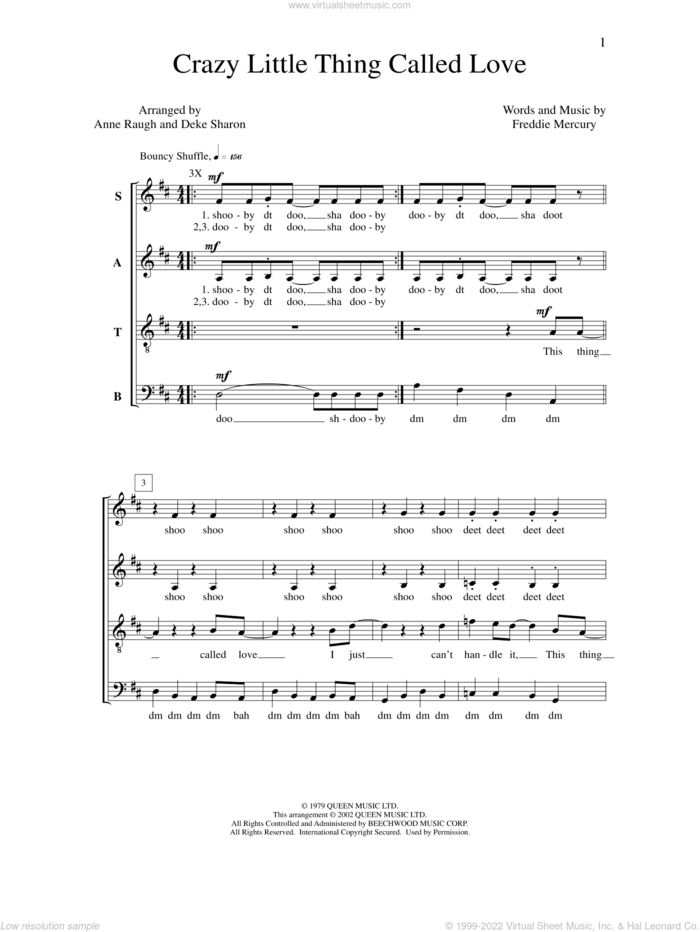 Crazy Little Thing Called Love (arr. Deke Sharon) sheet music for choir (SATB: soprano, alto, tenor, bass) by Deke Sharon, Anne Raugh, Freddie Mercury and Queen, intermediate skill level