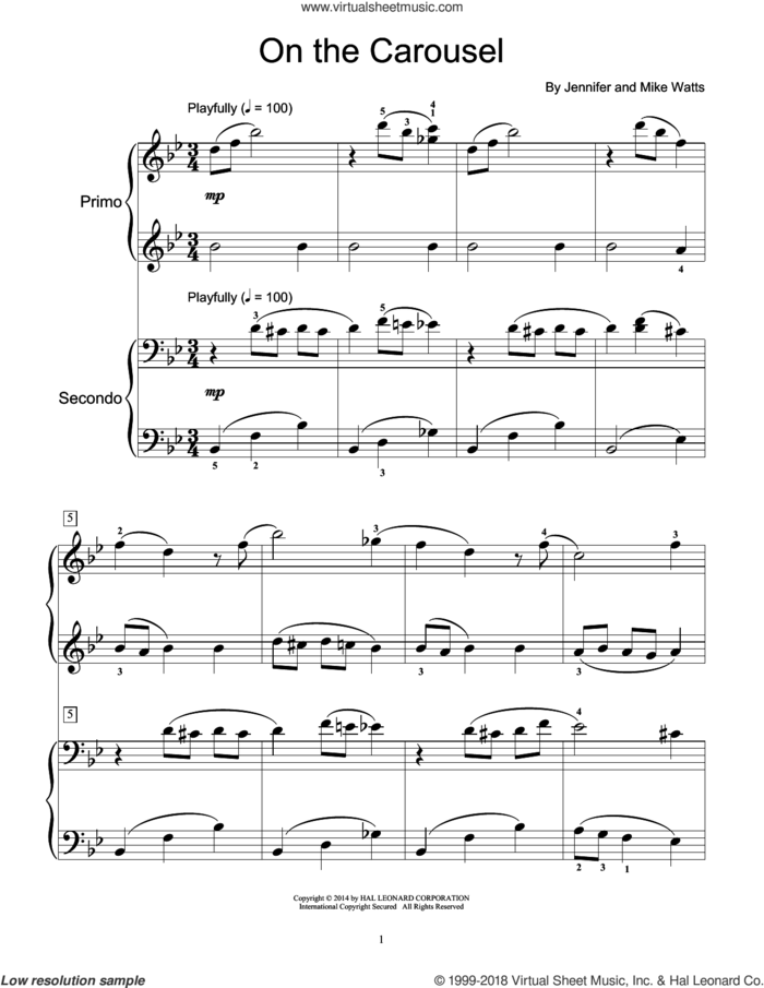On The Carousel sheet music for piano four hands by Jennifer Watts and Mike Watts, intermediate skill level