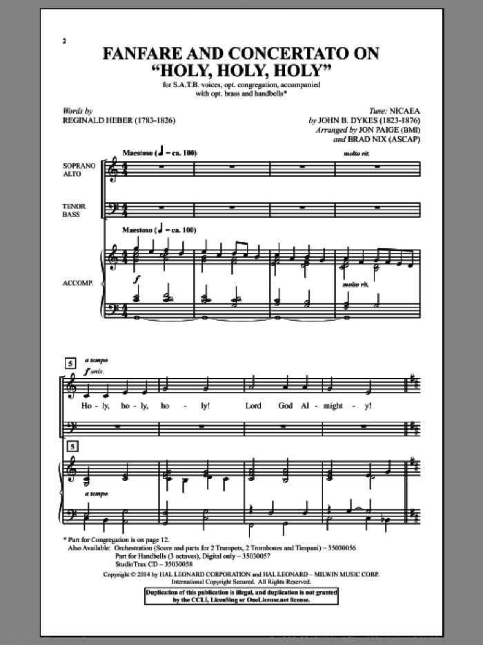 Holy, Holy, Holy sheet music for choir (SATB: soprano, alto, tenor, bass) by John Bacchus Dykes, Brad Nix, Jon Paige and Reginald Heber, intermediate skill level