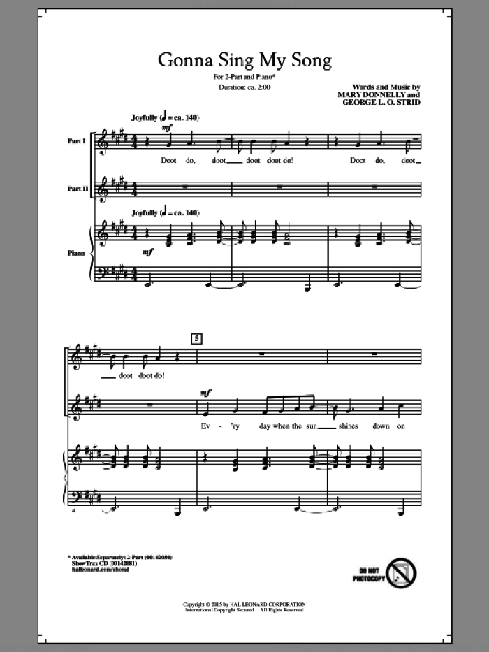 Gonna Sing My Song sheet music for choir (2-Part) by Mary Donnelly and George Strid, intermediate duet