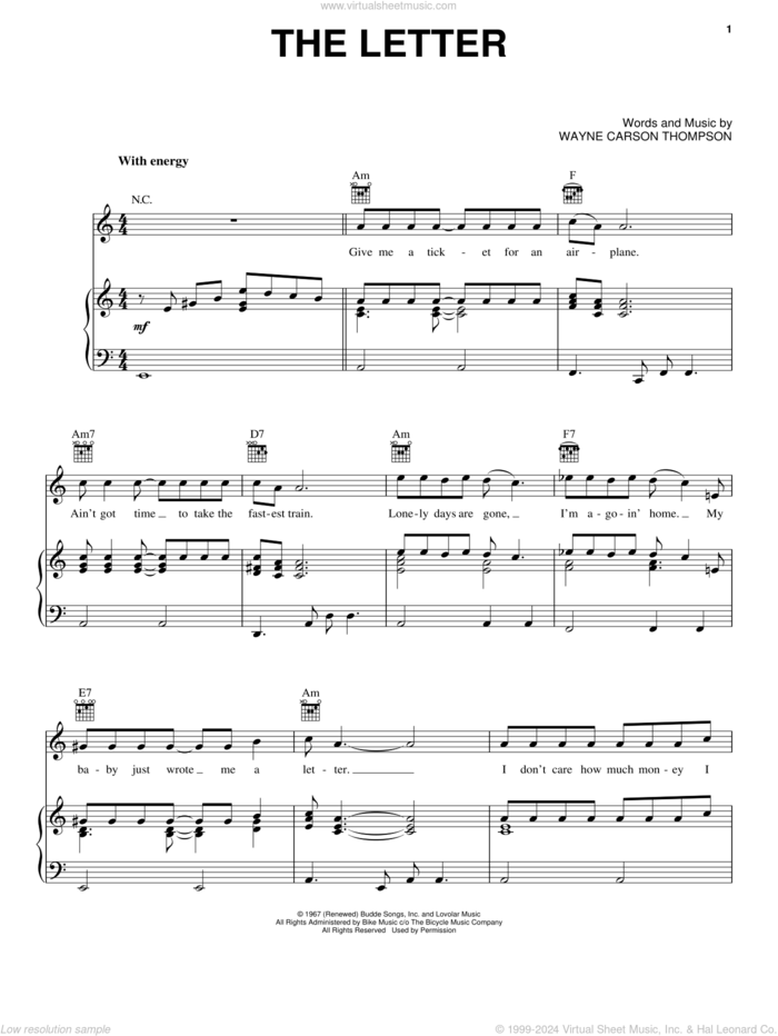 The Letter sheet music for voice, piano or guitar by Wayne Carson Thompson and Box Tops, intermediate skill level