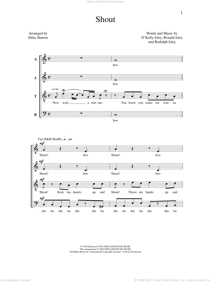 Shout sheet music for choir (SATB: soprano, alto, tenor, bass) by Deke Sharon, Anne Raugh, O Kelly Isley, Ronald Isley and Rudolph Isley, intermediate skill level