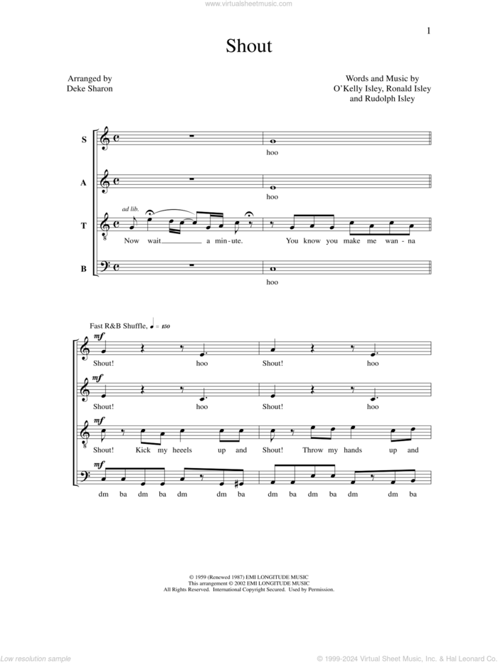 Shout sheet music for choir (SATB: soprano, alto, tenor, bass) by Deke Sharon, Anne Raugh, O Kelly Isley, Ronald Isley and Rudolph Isley, intermediate skill level