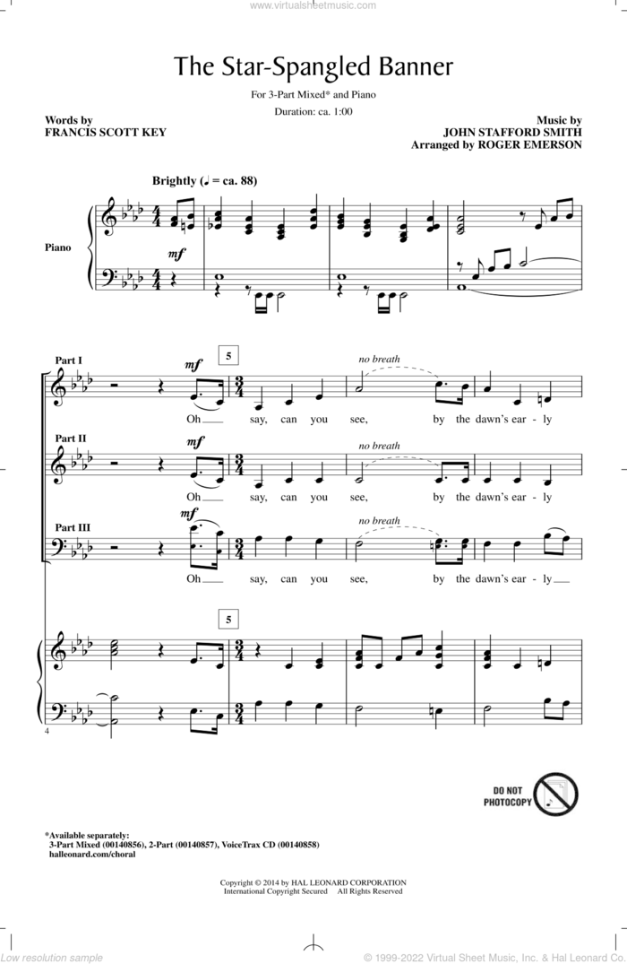 The Star Spangled Banner (arr. Roger Emerson) sheet music for choir (3-Part Mixed) by John Stafford Smith, Roger Emerson and Francis Scott Key, intermediate skill level