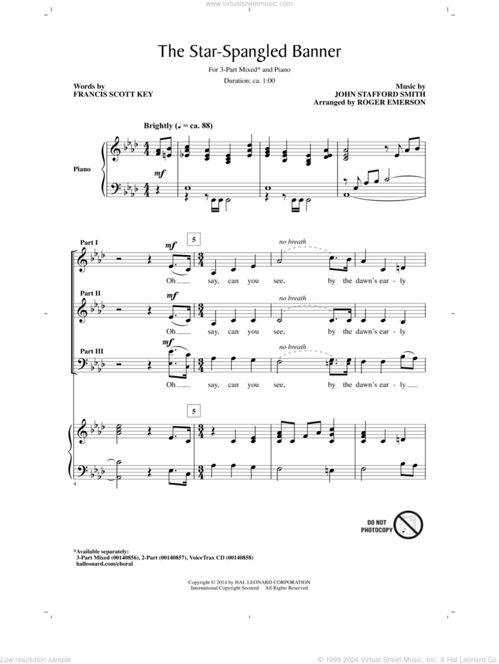 The Star Spangled Banner (arr. Roger Emerson) sheet music for choir (3-Part Mixed) by John Stafford Smith, Roger Emerson and Francis Scott Key, intermediate skill level