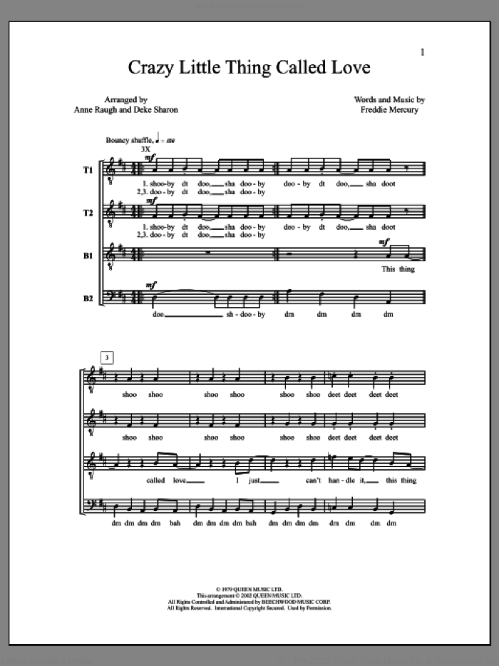 Crazy Little Thing Called Love (arr. Deke Sharon) sheet music for choir (TTBB: tenor, bass) by Deke Sharon, Anne Raugh, Freddie Mercury and Queen, intermediate skill level