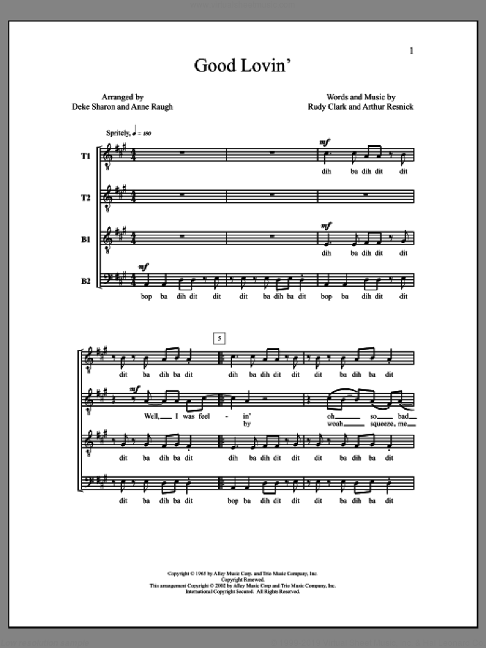 Good Lovin' sheet music for choir (TTBB: tenor, bass) by Deke Sharon, Anne Raugh, Arthur Resnick and Rudy Clark, intermediate skill level