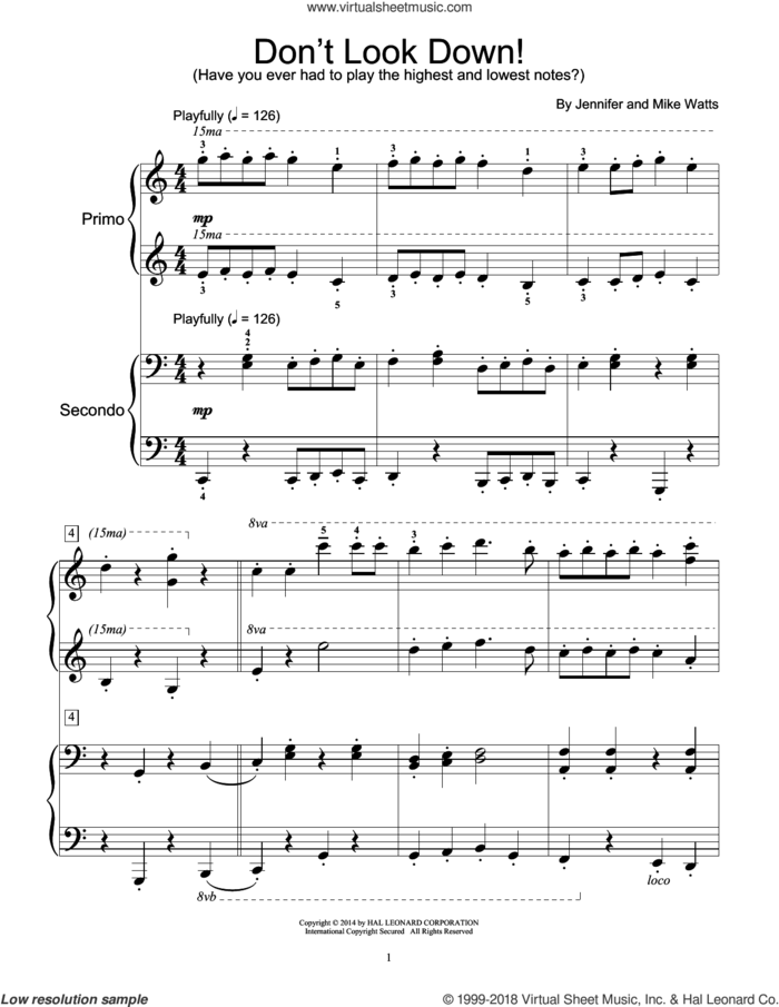 Don't Look Down! sheet music for piano four hands by Jennifer Watts and Mike Watts, intermediate skill level
