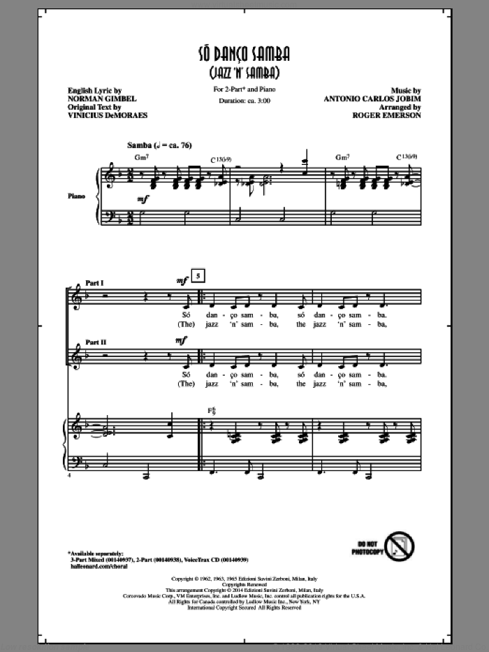 Jazz 'N' Samba sheet music for choir (2-Part) by Norman Gimbel, Roger Emerson, Vinicius DeMoraes and Antonio Carlos Jobim, intermediate duet