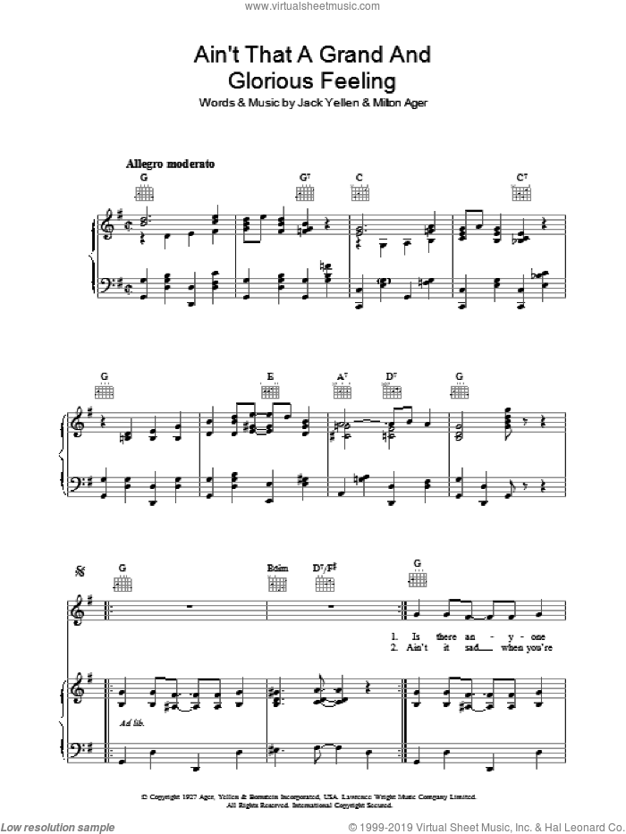 Ain't That A Grand And Glorious Feeling sheet music for voice, piano or guitar by Jack Yellen and Milton Ager, intermediate skill level