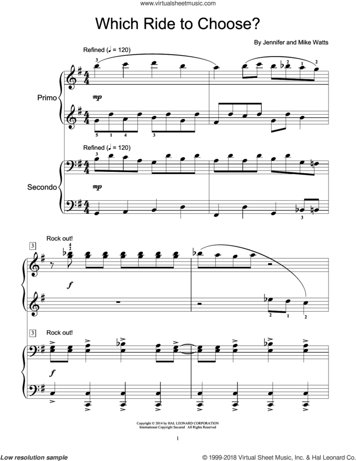 Which Ride To Choose? sheet music for piano four hands by Jennifer Watts and Mike Watts, intermediate skill level