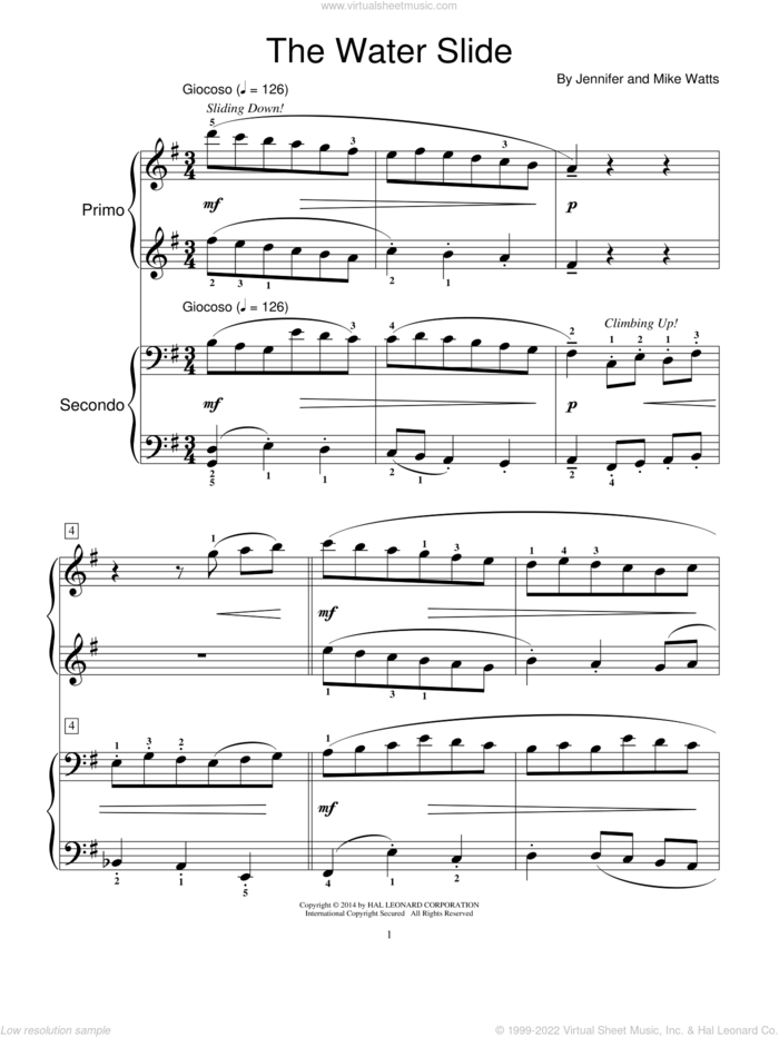 The Water Slide sheet music for piano four hands by Jennifer Watts and Mike Watts, intermediate skill level