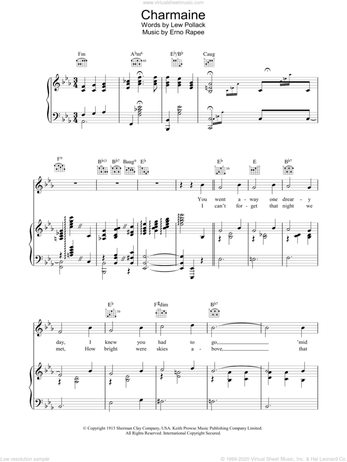 Charmaine sheet music for voice, piano or guitar by Lew Pollack and Erno Rapee, intermediate skill level