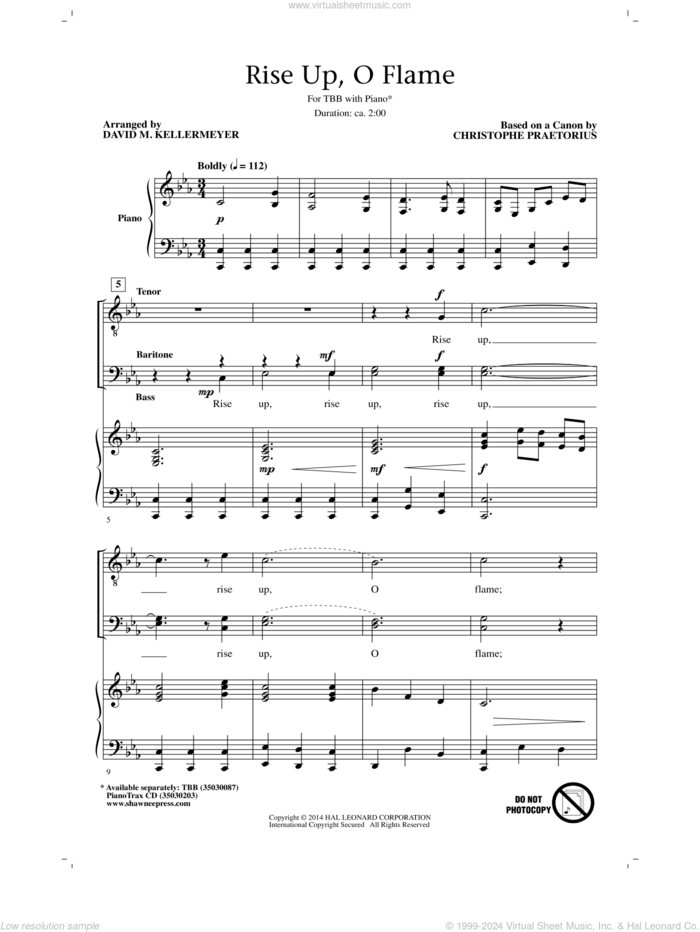 Rise Up, O Flame sheet music for choir (TBB: tenor, bass) by David M. Kellermeyer, Cristophe Praetorious and Christophe Praetorius, intermediate skill level