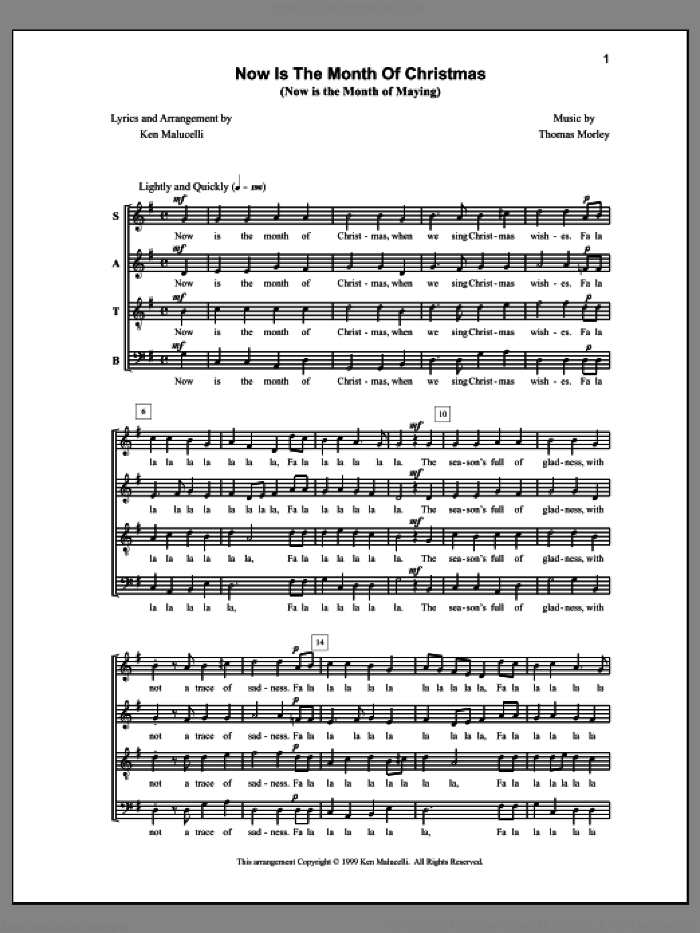 Now Is The Month Of Christmas sheet music for choir (SATB: soprano, alto, tenor, bass) by Anne Raugh, Ken Malucelli and Thomas Morley, intermediate skill level