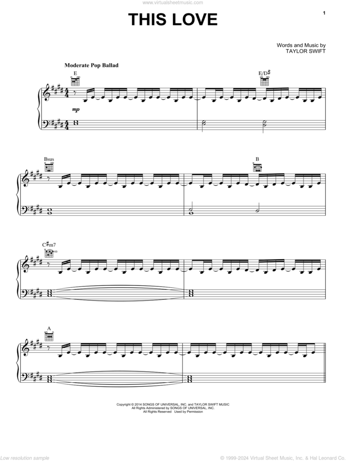 This Love sheet music for voice, piano or guitar by Taylor Swift, intermediate skill level