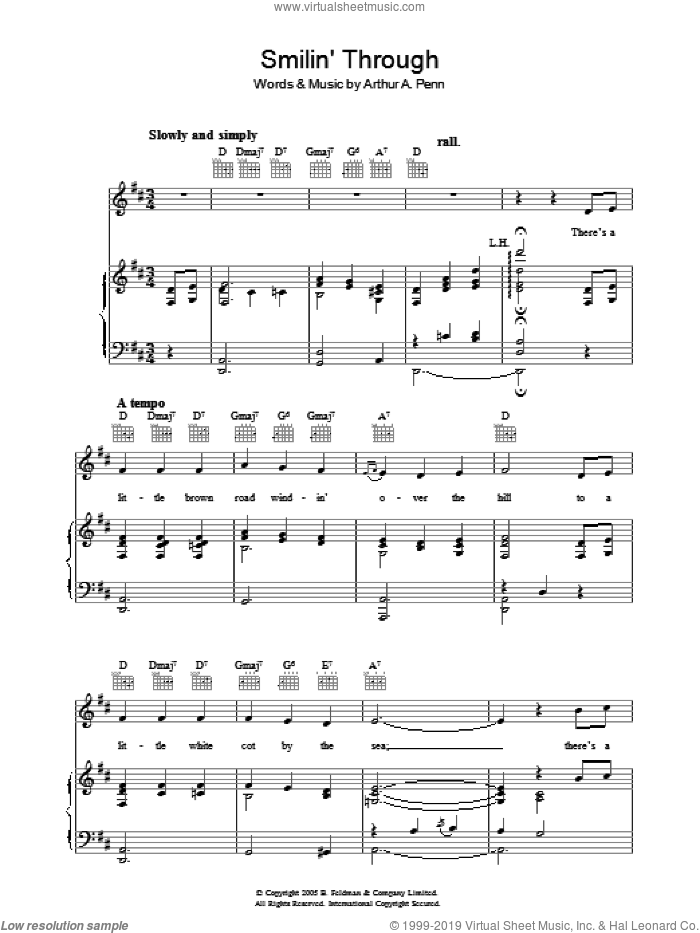 Smilin' Through sheet music for voice, piano or guitar by Arthur A. Penn, intermediate skill level