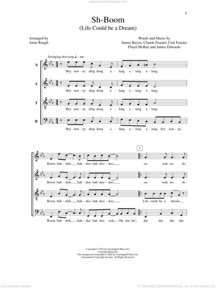 Sh-boom (life Could Be A Dream) sheet music for choir (SATB: soprano, alto, tenor, bass) by Anne Raugh, Carl Feaster, Claude Feaster, Floyd McRae, James Edwards and James Keyes, intermediate skill level