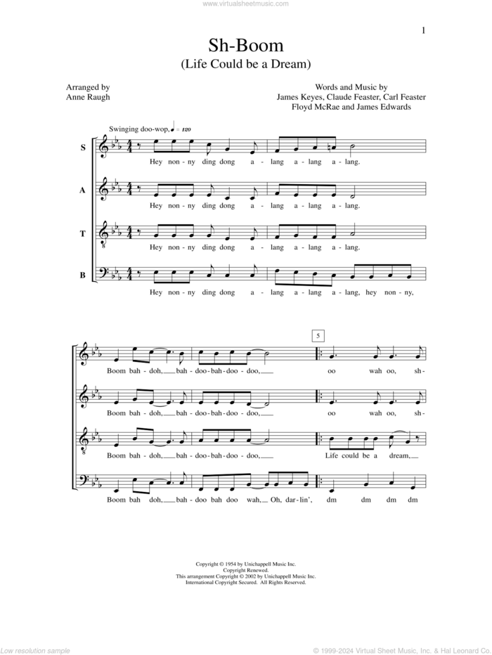 Sh-boom (life Could Be A Dream) sheet music for choir (SATB: soprano, alto, tenor, bass) by Anne Raugh, Carl Feaster, Claude Feaster, Floyd McRae, James Edwards and James Keyes, intermediate skill level