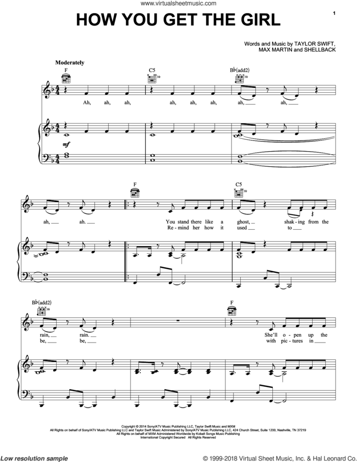 How You Get The Girl sheet music for voice, piano or guitar by Taylor Swift, Johan Schuster, Max Martin and Shellback, intermediate skill level
