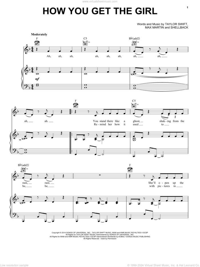 How You Get The Girl sheet music for voice, piano or guitar by Taylor Swift, Johan Schuster, Max Martin and Shellback, intermediate skill level