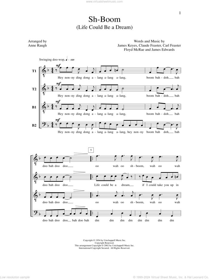 Sh-boom (life Could Be A Dream) sheet music for choir (TTBB: tenor, bass) by Anne Raugh, Carl Feaster, Claude Feaster, Floyd McRae, James Edwards and James Keyes, intermediate skill level