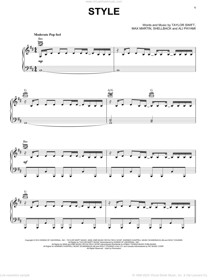 Style sheet music for voice, piano or guitar by Taylor Swift, Ali Payami, Johan Schuster, Max Martin and Shellback, intermediate skill level
