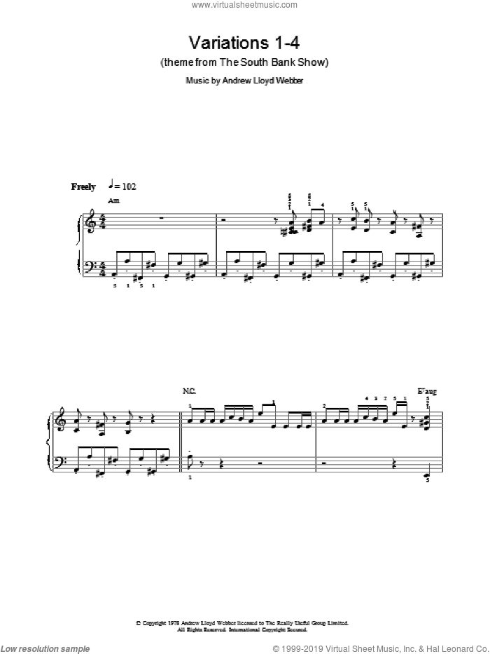Variations 1-4 (theme from The South Bank Show) sheet music for voice, piano or guitar by Andrew Lloyd Webber, intermediate skill level