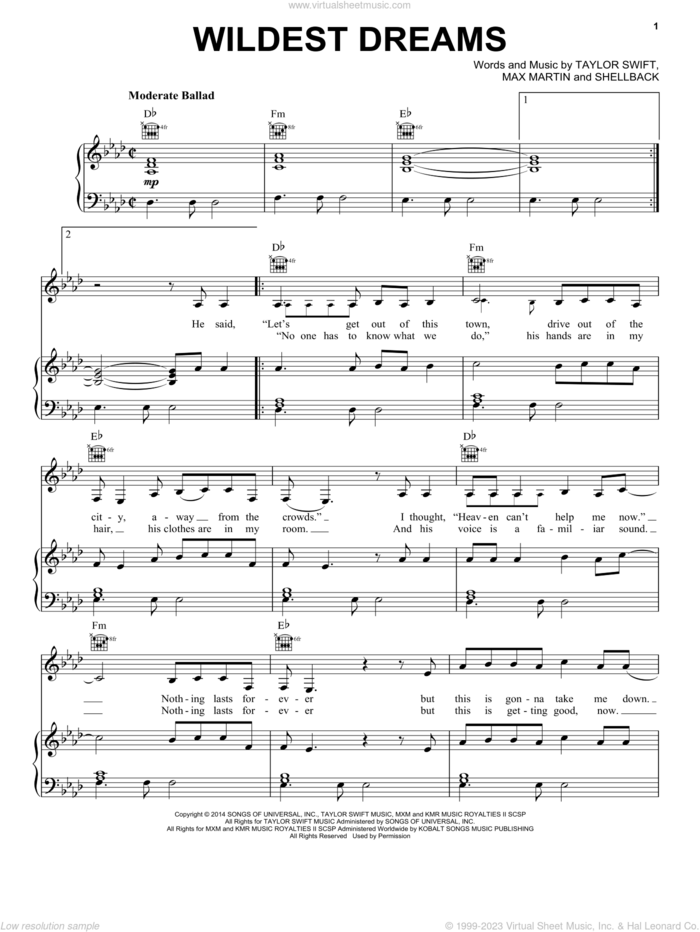 Wildest Dreams sheet music for voice, piano or guitar by Taylor Swift, Johan Schuster, Max Martin and Shellback, intermediate skill level