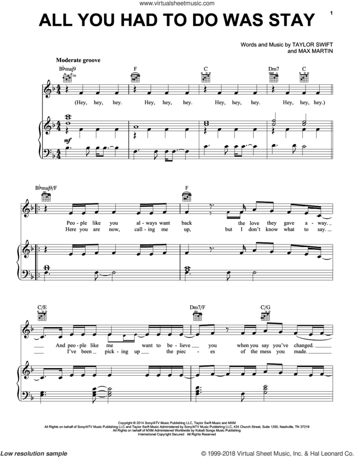 All You Had To Do Was Stay sheet music for voice, piano or guitar by Taylor Swift and Max Martin, intermediate skill level
