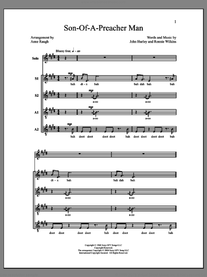 Son-Of-A-Preacher Man (arr. Anne Raugh) sheet music for choir (SSAA: soprano, alto) by Dusty Springfield, Anne Raugh, John Hurley and Ronnie Wilkins, intermediate skill level