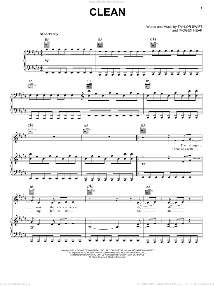 Clean sheet music for voice, piano or guitar by Taylor Swift and Imogen Heap, intermediate skill level