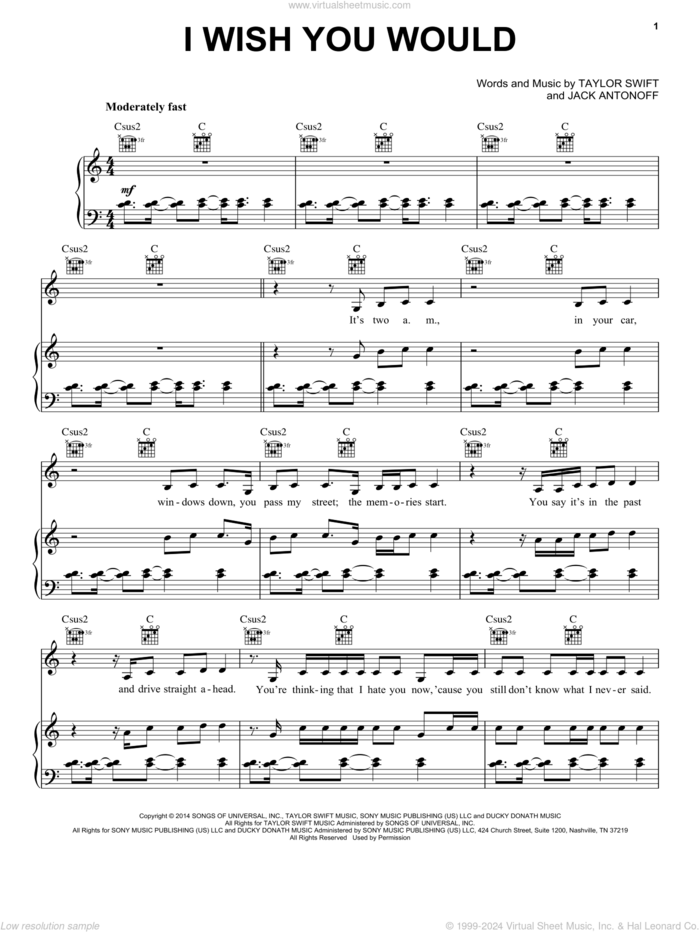 I Wish You Would sheet music for voice, piano or guitar by Taylor Swift and Jack Antonoff, intermediate skill level