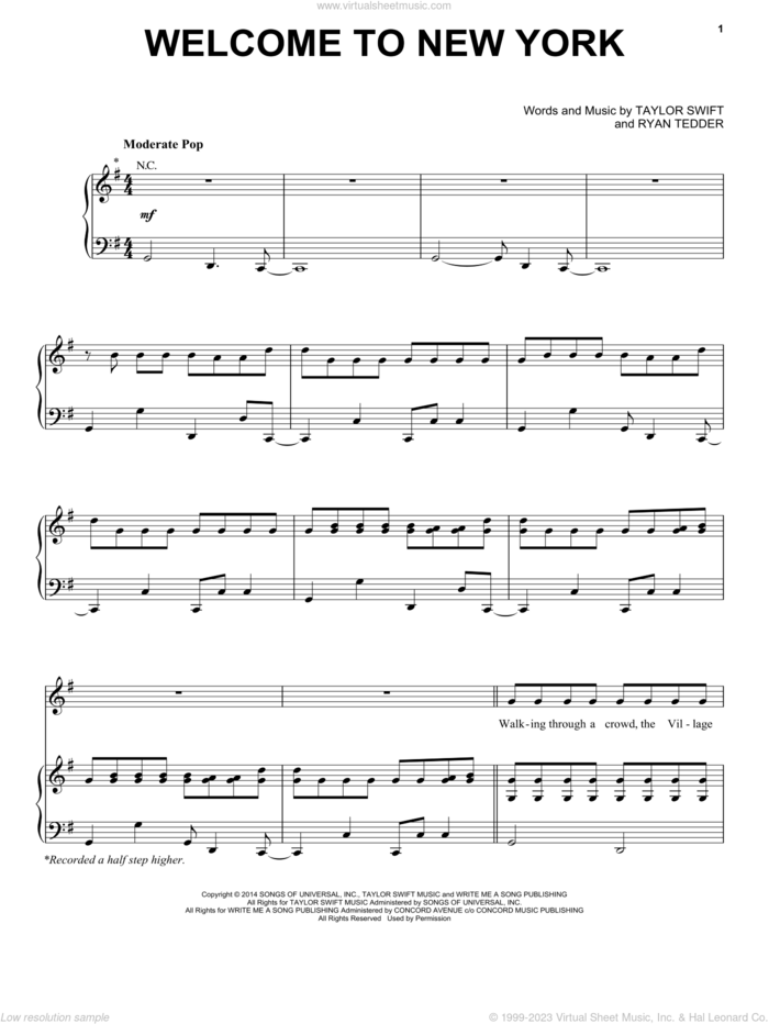Welcome To New York sheet music for voice, piano or guitar by Taylor Swift and Ryan Tedder, intermediate skill level