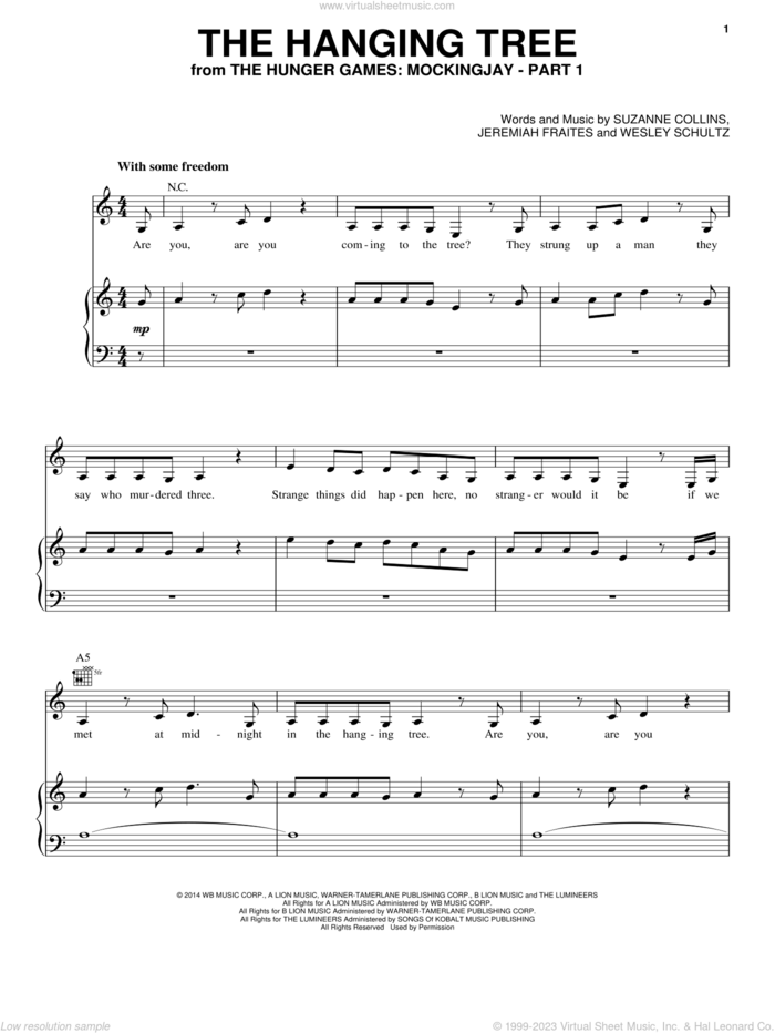 The Hanging Tree sheet music for voice, piano or guitar by James Newton Howard, Jennifer Lawrence, Jeremiah Fraites, Suzanne Collins and Wesley Schultz, intermediate skill level