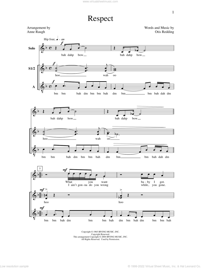 Respect sheet music for choir (SSA: soprano, alto) by Anne Raugh, Aretha Franklin and Otis Redding, intermediate skill level