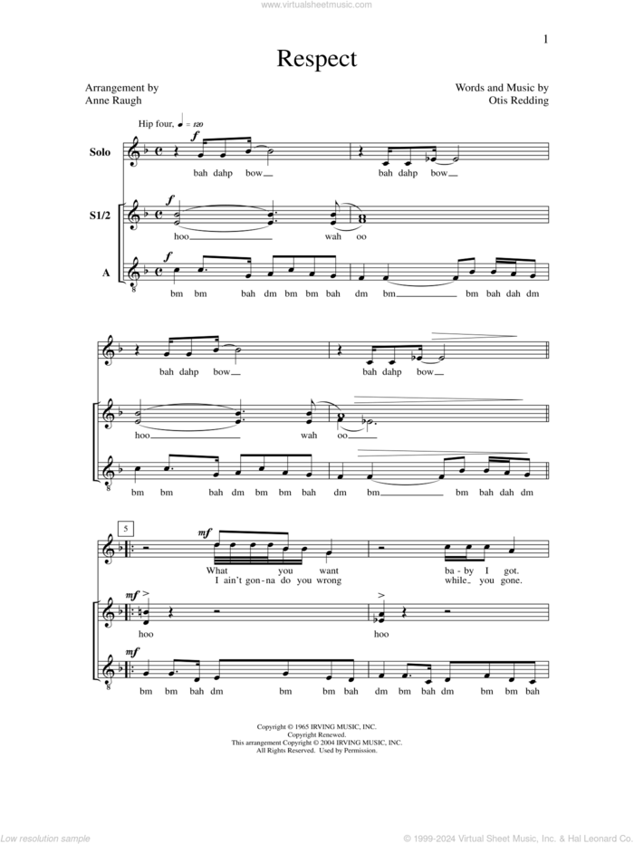 Respect sheet music for choir (SSA: soprano, alto) by Anne Raugh, Aretha Franklin and Otis Redding, intermediate skill level